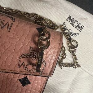 MCM Blush Pink Logo Leather Crossbody with Gold Chain